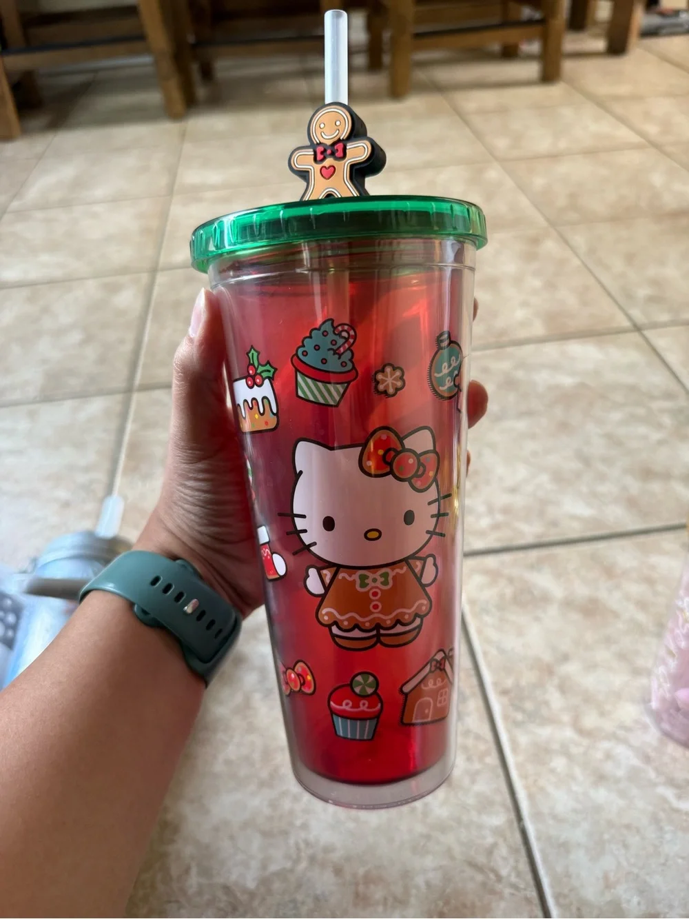 Sanrio Hello Kitty Pink Cup Duo with Green & Gold Lids and Gingerbread Toppers